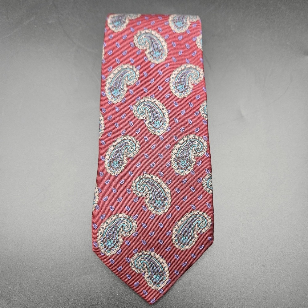 Robert Talbott Burgundy Wine Damask Paisley Wool / Silk Woven Tie Hand Sewn Repp